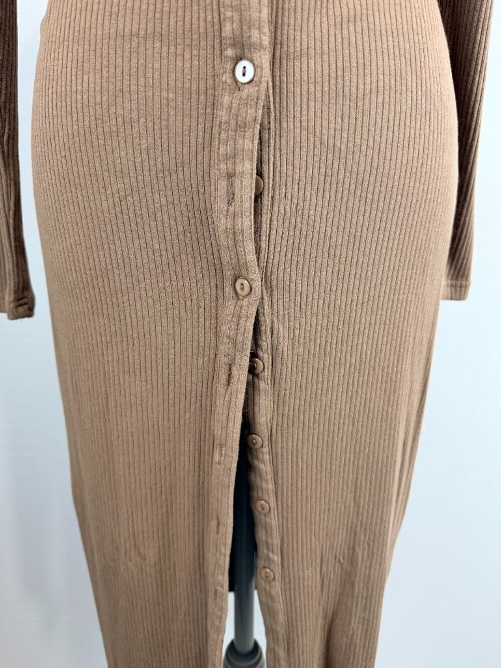 Lucca Brown Ribbed Long Sleeve Button-Down Midi Dress With Collared Neckline S - Picture 7 of 14